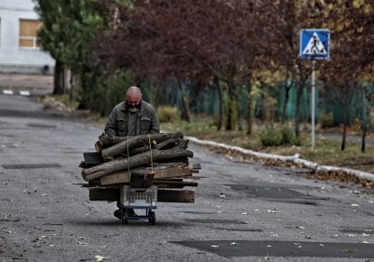 Мужчина перевозит дрова на тачке