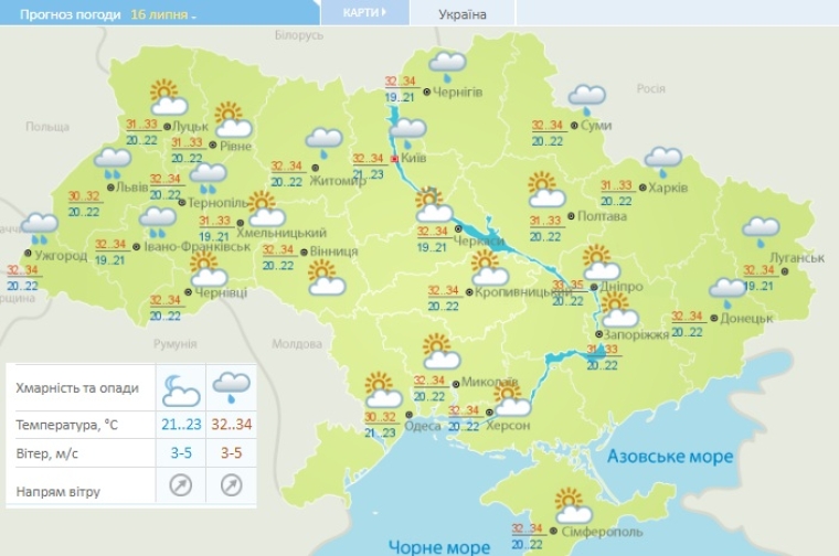 Прогноз погоди на 16 липня