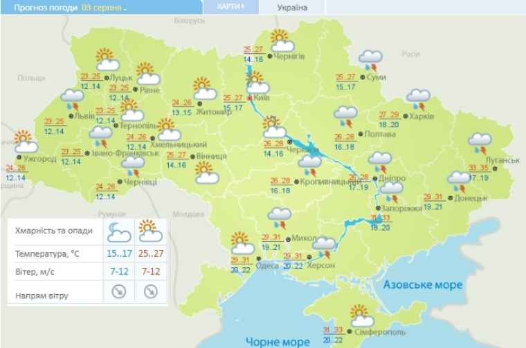 Прогноз погоди на 3 серпня