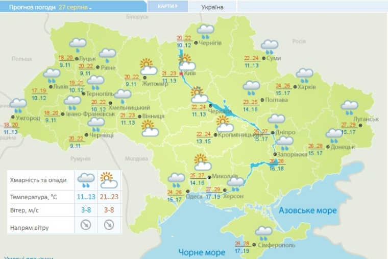 Прогноз погоди на 27 серпня